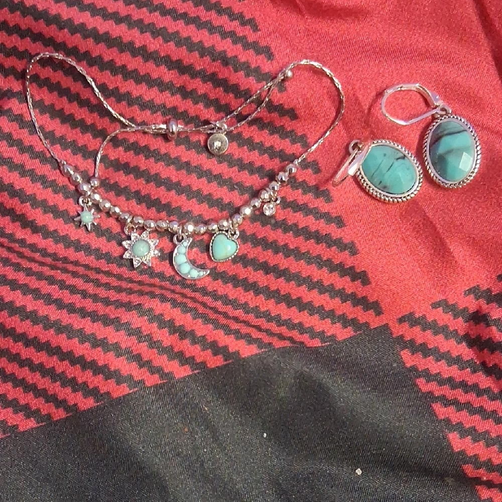 Elegant Silver and Turquoise Charm Bracelet and Earrings Set